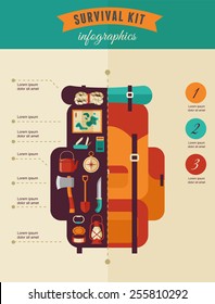 Hiking, mountain climbing and camping equipment  - icon set and infographics