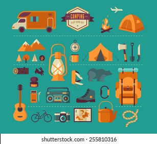 Hiking, mountain climbing and camping equipment  - icon set and infographics