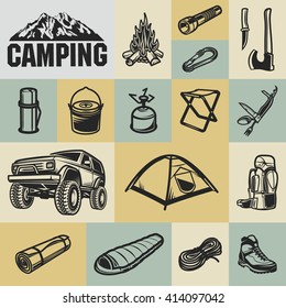 Hiking, mountain climbing and camping equipment  - icon set a