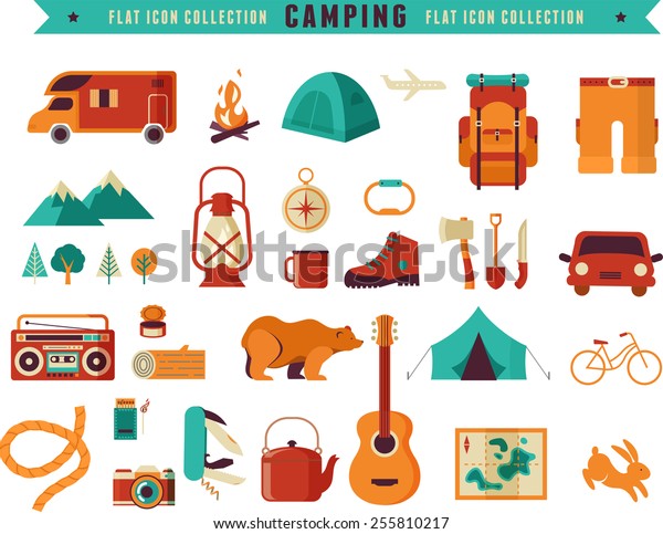 Hiking, mountain climbing and camping
equipment  - icon set and
infographics