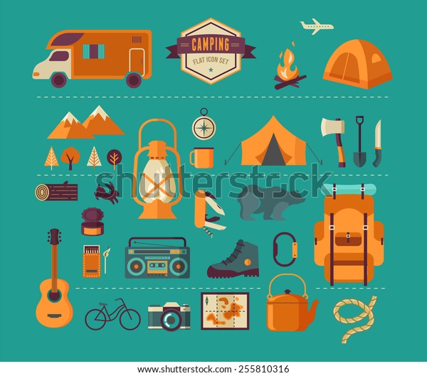 Hiking, mountain climbing and camping\
equipment  - icon set and\
infographics