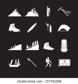 Hiking and mountain climbing icon set