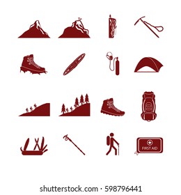 Hiking and mountain climbing icon set