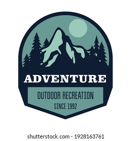 Hiking, mountain climbing and outdoor activity label, top of the rock, vector