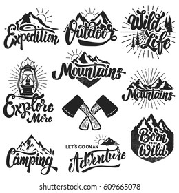 hiking, mountain exploration emblems. Handwritten lettering logo, label, badge. Isolated on white background. Vector illustration.