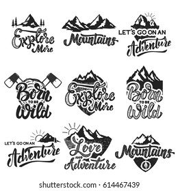 hiking, mountain exploration emblems. Handwritten lettering logo, label, badge. Isolated on white background. Vector illustration.