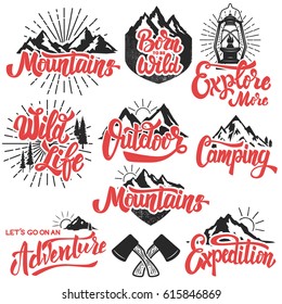 hiking, mountain exploration emblems. Handwritten lettering logo, label, badge. Isolated on white background. Vector illustration.