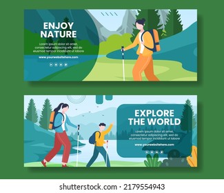 Hiking Mountain Horizontal Banner Template Flat Cartoon Background Vector Illustration