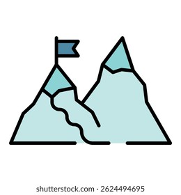 Icono de montaña de senderismo. Esquema de senderismo Vector de montaña icono de color plano aislado en blanco