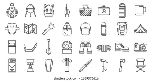 Hiking mountain icons set. Outline set of hiking mountain vector icons for web design isolated on white background