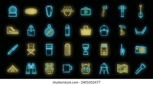 Hiking mountain icons set. Outline set of hiking mountain vector icons neon color on black