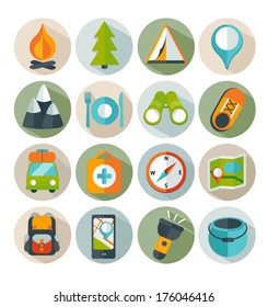 Hiking and mountain icons. Vector.