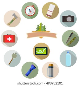 Hiking and mountain icons. Vector.
