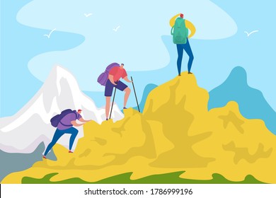 Hiking mountain, travelling for tourists adventure in nature concept vector illustration. Travelling, hiking for groups and friends. Tourists with backpacks, active sport and lifestyle.