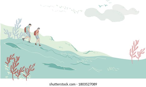 Hiking in Mountain  Vector Illustration