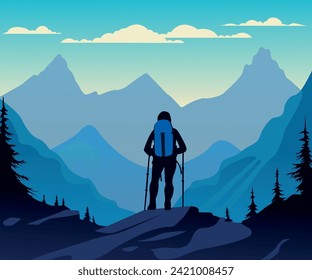 Hiking in the mountain vector landscape design