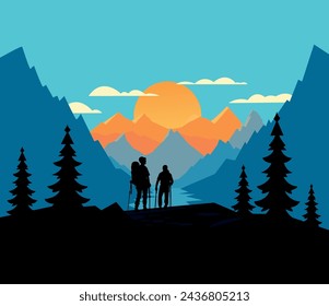 Hiking in the mountain vector landscape design illustration