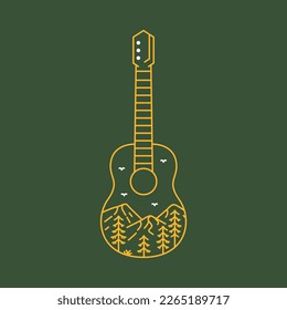 Hiking the Mountains by Playing the Guitar Monoline Design Illustration for Apparel