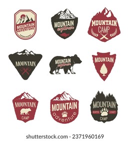 Hiking, mountains exploration labels and emblems. Vector illustration.