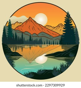 Hiking in the mountains to the lake at sunset. Vector illustration