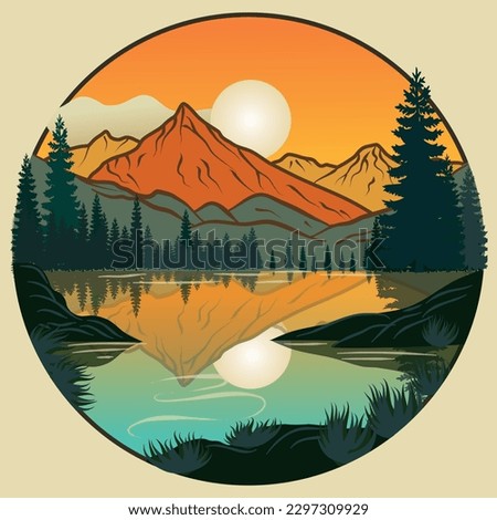 Hiking in the mountains to the lake at sunset. Vector illustration