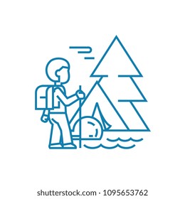 Hiking in the mountains linear icon concept. Hiking in the mountains line vector sign, symbol, illustration.