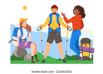 Hiking in the Mountains with Man and Woman with Pole and Backpack Resting and Talking Vector Illustration