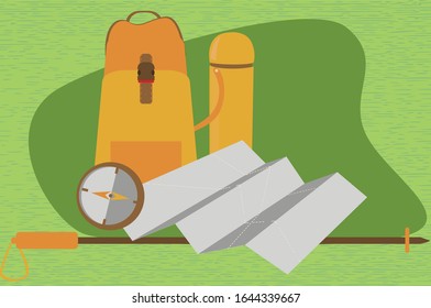 Hiking must have kit; backpack, map, compas, water anh hiking stick. Camping vector illustration.