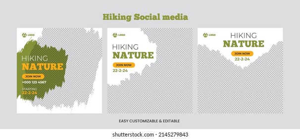 Hiking nature social media post template bundle. Hiking social media web banner set