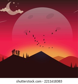 Hiking in the night sky. Hiking in the mountains. Vector illustration