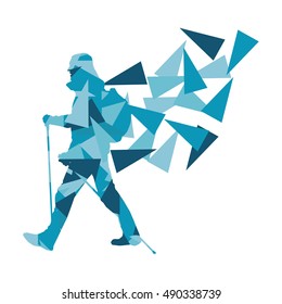 Hiking and nordic walking person vector background abstract concept made of polygon fragments isolated on white