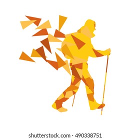 Hiking and nordic walking person vector background abstract concept made of polygon fragments isolated on white
