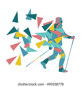 Hiking and nordic walking person vector background abstract concept made of polygon fragments isolated on white