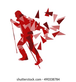 Hiking and nordic walking person vector background abstract concept made of polygon fragments isolated on white