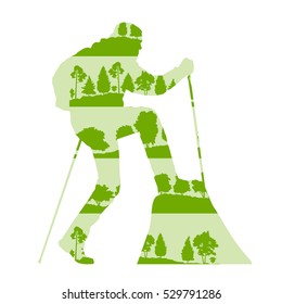 Hiking and nordic walking vector background concept made of forest trees fragments isolated on white