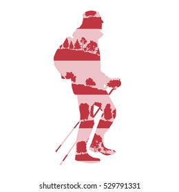 Hiking and nordic walking vector background concept made of forest trees fragments isolated on white