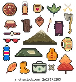 objets de randonnée retro pixel art
