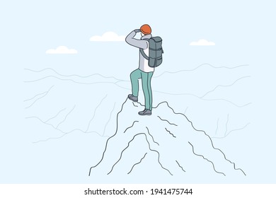 Hiking on mountains, backpacker, traveling concept. Young traveler hiker cartoon character standing backwards on peak of mountains enjoying great landscape view alone vector illustration 