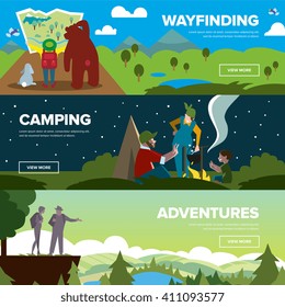 Hiking on mountains and forest with family and friends banners set. Adventures in mountains on forest background silhouette.