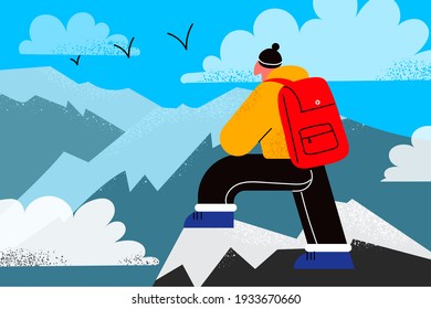 Hiking on mountains, nature, tourism concept. Young man traveler hiker standing on top on mountain enjoying landscape of valley with backpack vector illustration 