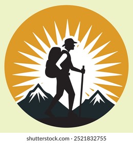 Hiking  on sunburst background with backpack and trekking poles, vector, t-shirt design