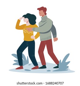 Hiking outdoor activity, hikers couple looking out or searching way, traveling and tourism vector. Travelers and trekking, walking trip, adventure. Man and woman in sweaters and jeans, wild nature