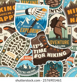 Hiking outdoor adventure seamless pattern with emblems, patch. Background, wallpaper, seamless pattern with human skeleton hand holding hiker pole, hiking boot, pine cone, hiker bear with backpack