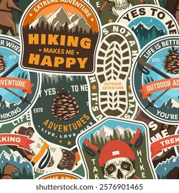 Hiking outdoor adventure seamless pattern with emblems, patch. Background, wallpaper, seamless pattern with human skull skeleton in hat, hiking boot, pine cone, hiker bear with backpack, mountains.