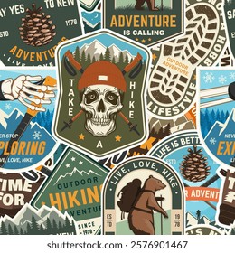 Hiking outdoor adventure seamless pattern with emblems, patch. Background, wallpaper, seamless pattern with human skull skeleton in hat, hiking boot, pine cone, hiker bear with backpack, mountains.