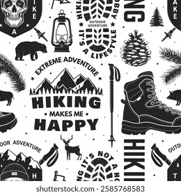 Hiking outdoor adventure seamless pattern with emblems, logos. Background, wallpaper, seamless pattern with human skull skeleton in hat, hiking boot, pine cone, hiker bear with backpack, mountains.