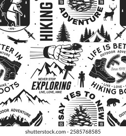 Hiking outdoor adventure seamless pattern with emblems, logos. Background, wallpaper, seamless pattern with human skeleton hand holding hiker pole, hiking boot, pine cone, hiker bear with backpack