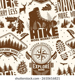 Hiking outdoor adventure seamless pattern. Background, wallpaper, seamless pattern with pin forest, old retro compass, trekking sticks, hiking boots and mountain. Vector