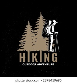 Hiking. Outdoor adventure. Vector illustration. Concept for shirt or logo, print, stamp, patch or tee. Vintage typography design with forest pine tree and hiker silhouette