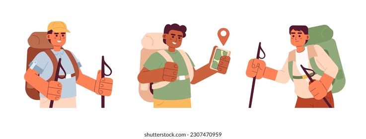 Hiking outdoor flat vector cartoon characters set. Travel lifestyle with backpack spot illustrations. Wanderlust. Half body people isolated on white. Editable 2D simple drawing pack, graphic design